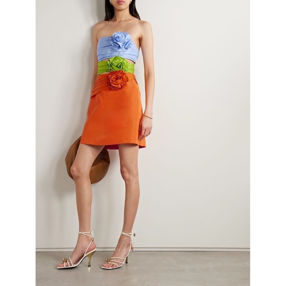 Mew Mews Colorblock Rosette Strapless Mini Dress Orange Blue Green Medium